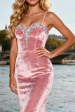 Sparkly Pink Mermaid Beaded Velvet Long Prom Dress