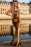 Sparkly Bronze Mermaid Velvet Beaded Long Prom Dress