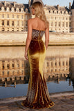 Sparkly Bronze Mermaid Velvet Beaded Long Prom Dress