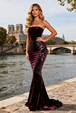 Sparkly Burgundy Beaded Velvet Mermaid Long Prom Dress