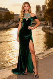 Sparkly Dark Green Corset Beaded Velvet Long Prom Dress with Slit