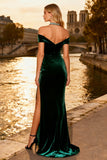 Sparkly Dark Green Corset Beaded Velvet Long Prom Dress with Slit