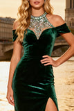 Sparkly Dark Green Corset Beaded Velvet Long Prom Dress with Slit