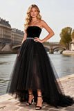 Sparkly Black A Line Beaded Tulle Strapless Long Prom Dress