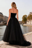 Sparkly Black A Line Beaded Tulle Strapless Long Prom Dress
