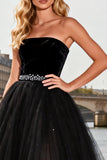 Sparkly Black A Line Beaded Tulle Strapless Long Prom Dress