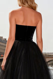 Sparkly Black A Line Beaded Tulle Strapless Long Prom Dress
