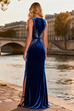 Sparkly Royal Blue Velvet Mermaid Beaded Long Prom Dress with Slit