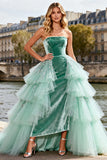 Sparkly Mint Green Tulle Long Velvet Prom Dress with Ruffles