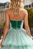 Sparkly Mint Green Tulle Long Velvet Prom Dress with Ruffles