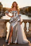 Sparkly Sequin Silver Velvet Long Prom Dress with Slit