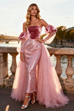 Sparkly Pink Sequin Velvet Maxi Prom Dress with Cape