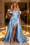 Sparkly Sky Blue Beaded Satin Maxi Prom Dress with Cape