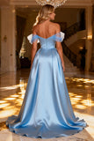 Sparkly Sky Blue Beaded Satin Maxi Prom Dress with Cape