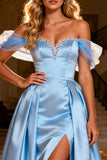 Sparkly Sky Blue Beaded Satin Maxi Prom Dress with Cape