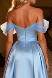 Sparkly Sky Blue Beaded Satin Maxi Prom Dress with Cape
