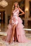 Sparkly Pink Satin Beaded Long Prom Dress with Cape