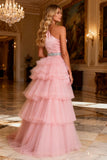 Sparkly Pink Satin Beaded Long Prom Dress with Cape