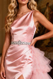 Sparkly Pink Satin Beaded Long Prom Dress with Cape