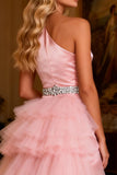Sparkly Pink Satin Beaded Long Prom Dress with Cape