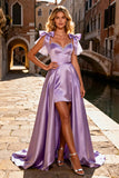 Sparkly Light Purple Beaded High-Low Satin Prom Dress with Bows
