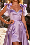 Sparkly Light Purple Beaded High-Low Satin Prom Dress with Bows