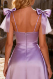 Sparkly Light Purple Beaded High-Low Satin Prom Dress with Bows