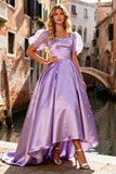 Sparkly Light Purple A Line Satin Beaded Long Prom Dress with Sleeves