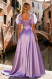 Sparkly Light Purple A Line Satin Beaded Long Prom Dress with Sleeves