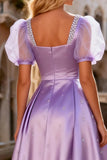 Sparkly Light Purple A Line Satin Beaded Long Prom Dress with Sleeves