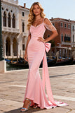Sparkly Pink Beaded Satin Long Mermaid Prom Dress with Bow