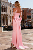 Sparkly Pink Beaded Satin Long Mermaid Prom Dress with Bow