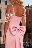 Sparkly Pink Beaded Satin Long Mermaid Prom Dress with Bow