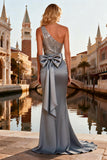 Sparkly Grey One Shoulder Sequin Long Prom Dress with Bow