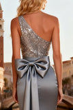 Sparkly Grey One Shoulder Sequin Long Prom Dress with Bow