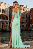 Sparkly Mint Green Satin Beaded Long Prom Dress with Slit