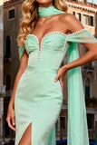 Sparkly Mint Green Satin Beaded Long Prom Dress with Slit