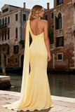Sparkly Light Yellow Pearls Mermaid Long Prom Dress with Slit