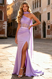 Light Purple Mermaid Satin Long Corset Prom Dress with Slit