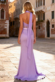 Light Purple Mermaid Satin Long Corset Prom Dress with Slit