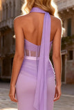 Light Purple Mermaid Satin Long Corset Prom Dress with Slit