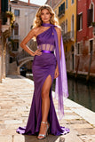 Purple Satin Corset One Shoulder Long Prom Dress with Slit