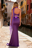 Purple Satin Corset One Shoulder Long Prom Dress with Slit