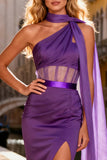 Purple Satin Corset One Shoulder Long Prom Dress with Slit