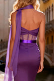 Purple Satin Corset One Shoulder Long Prom Dress with Slit