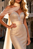 Sparkly Champagne Beaded Mermaid Sweetheart Long Prom Dress
