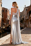 Sparkly Silver Metallic Beaded Mermaid Long Prom Dress with Slit