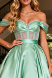 Sparkly Mint Green Satin Ball Gown Beaded Long Corset Prom Dress