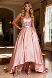 Sparkly Pink Beaded Sweetheart Satin Ball Gown Long Corset Prom Dress