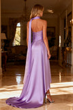 Sparkly Light Purple Beaded Neck Scarf A Line Satin High Low Prom Dress